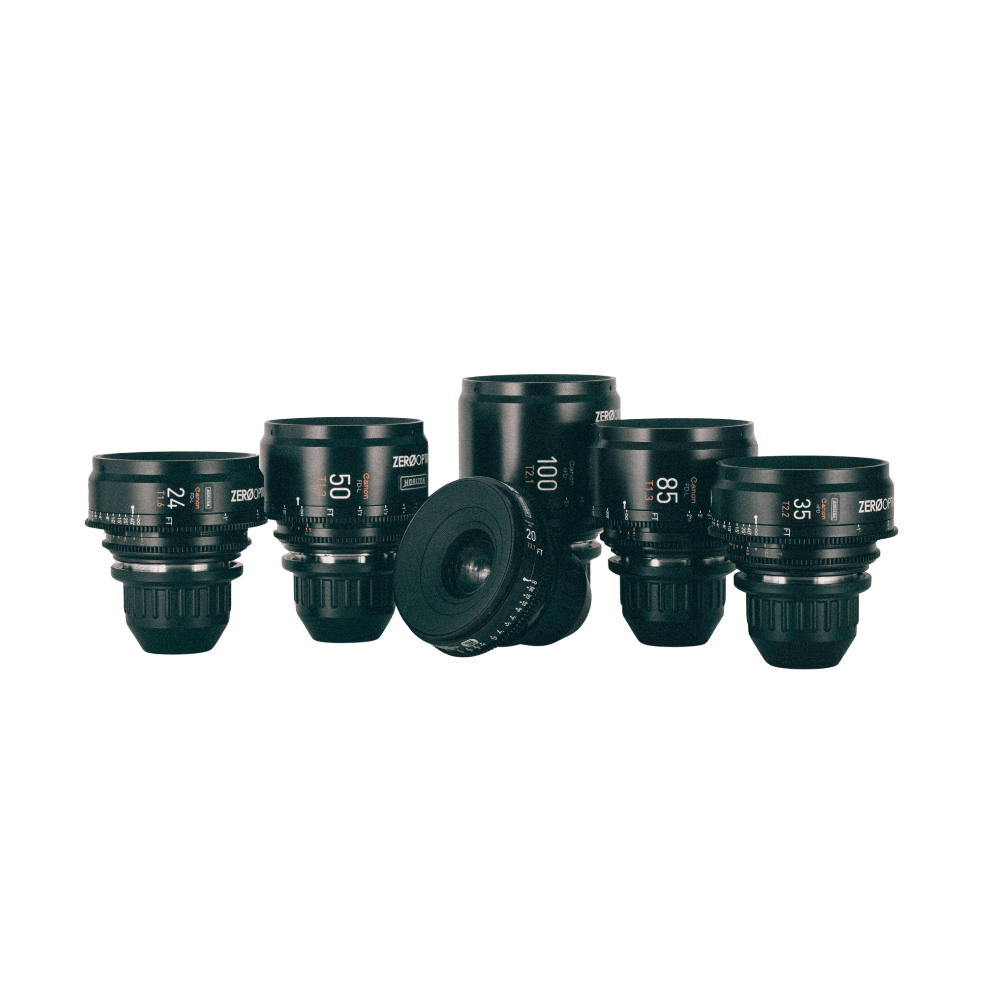 Family of vintage Canon FD stills lenses rehoused by Zero Optik in Los Angeles. Set contains aspherical lenses akin to the legendary K35 cinema primes. Lenses are available for rental at Horizon Cine Glass in St. Louis, Missouri